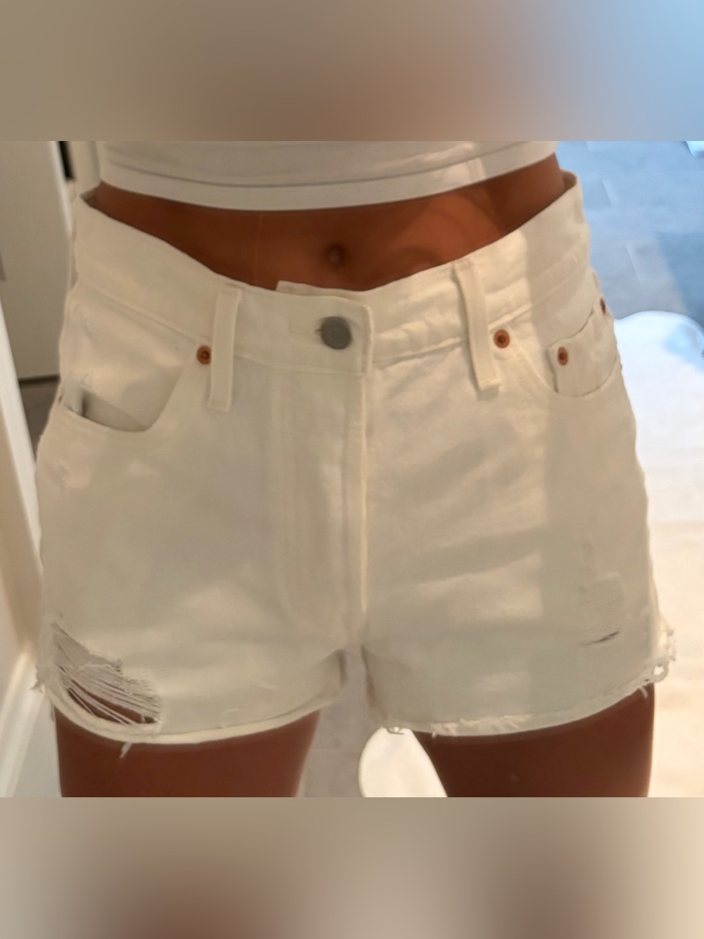 Levi's White Distressed High-Rise Denim Shorts